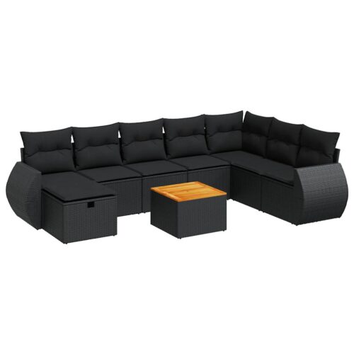 9-Piece Garden Sofa Set with Cushions Black Poly Rattan Wicker Outdoor Patio Furniture - Image 13