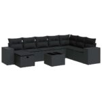 9-Piece Garden Sofa Set with Cushions Black Poly Rattan Wicker Outdoor Patio Furniture