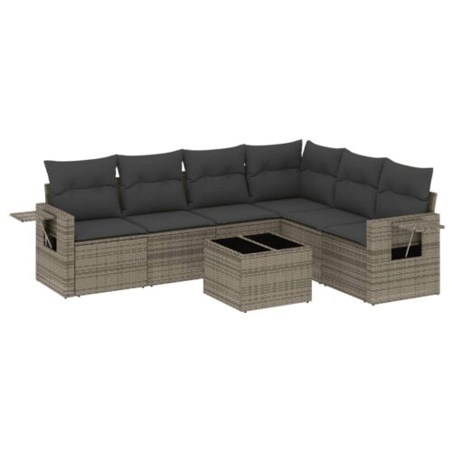 7-Piece Garden Sofa Set with Cushions Grey Poly Rattan Wicker Outdoor Patio Furniture