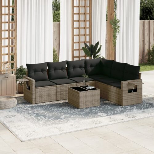 7-Piece Garden Sofa Set with Cushions Grey Poly Rattan Wicker Outdoor Patio Furniture - Image 2
