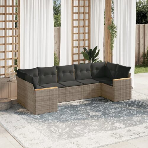 7-Piece Garden Sofa Set with Cushions Grey Poly Rattan Wicker Outdoor Patio Furniture - Image 2