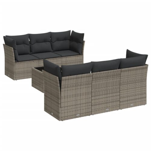 7-Piece Garden Sofa Set with Cushions Grey Poly Rattan Wicker Outdoor Patio Furniture