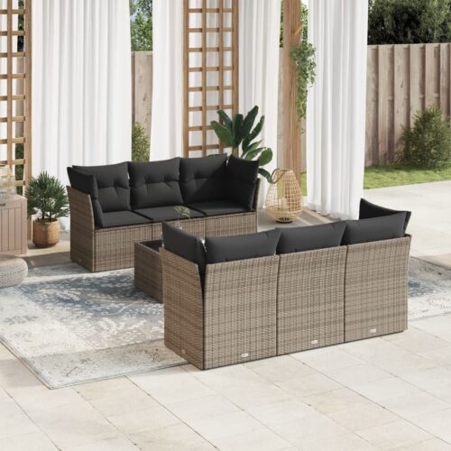 7-Piece Garden Sofa Set with Cushions Grey Poly Rattan Wicker Outdoor Patio Furniture - Image 2