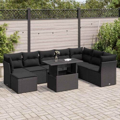9-Piece Garden Sofa Set with Cushions Black Poly Rattan Wicker Outdoor Patio Furniture - Image 2