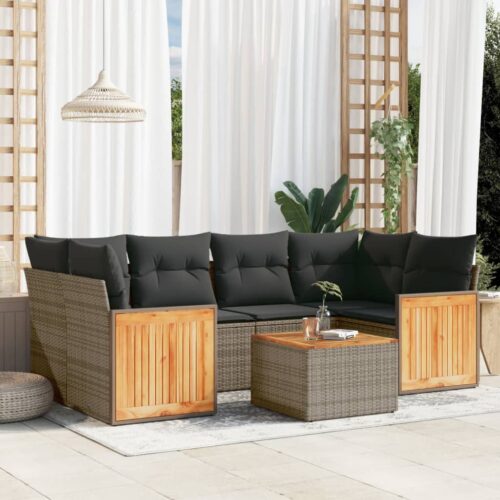 7-Piece Garden Sofa Set with Cushions Grey Poly Rattan Wicker Outdoor Patio Furniture - Image 2