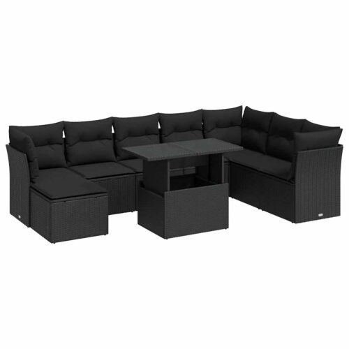 9-Piece Garden Sofa Set with Cushions Black Poly Rattan Wicker Outdoor Patio Furniture - Image 13