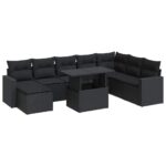 9-Piece Garden Sofa Set with Cushions Black Poly Rattan Wicker Outdoor Patio Furniture
