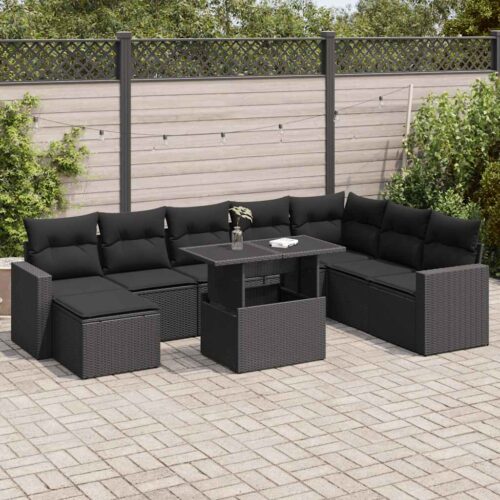 9-Piece Garden Sofa Set with Cushions Black Poly Rattan Wicker Outdoor Patio Furniture - Image 2