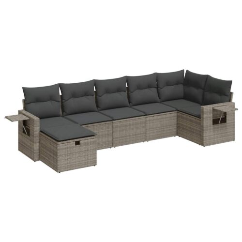 7-Piece Garden Sofa Set with Cushions Grey Poly Rattan Wicker Outdoor Patio Furniture