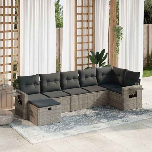7-Piece Garden Sofa Set with Cushions Grey Poly Rattan Wicker Outdoor Patio Furniture - Image 2