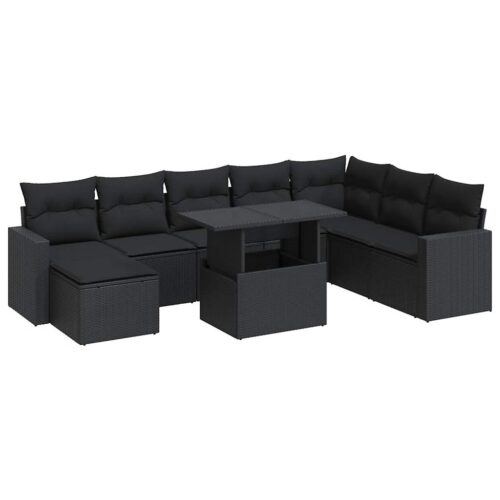 9-Piece Garden Sofa Set with Cushions Black Poly Rattan Wicker Outdoor Patio Furniture - Image 13