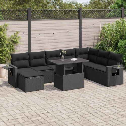 9-Piece Garden Sofa Set with Cushions Black Poly Rattan Wicker Outdoor Patio Furniture - Image 2