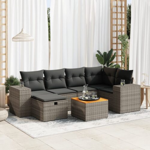 7-Piece Garden Sofa Set with Cushions Grey Poly Rattan Wicker Outdoor Patio Furniture - Image 2
