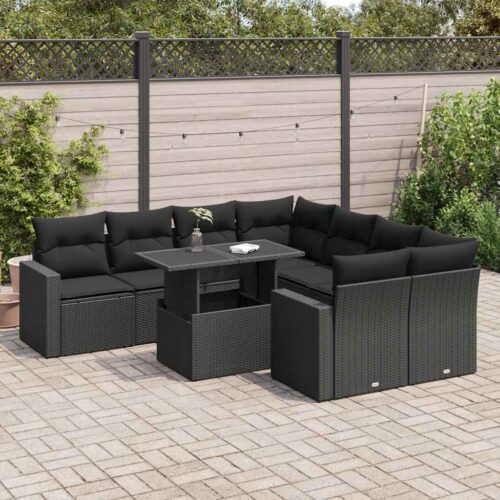 9-Piece Garden Sofa Set with Cushions Black Poly Rattan Wicker Outdoor Patio Furniture - Image 2