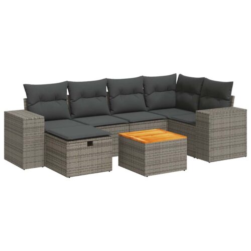 7-Piece Garden Sofa Set with Cushions Grey Poly Rattan Wicker Outdoor Patio Furniture - Image 13
