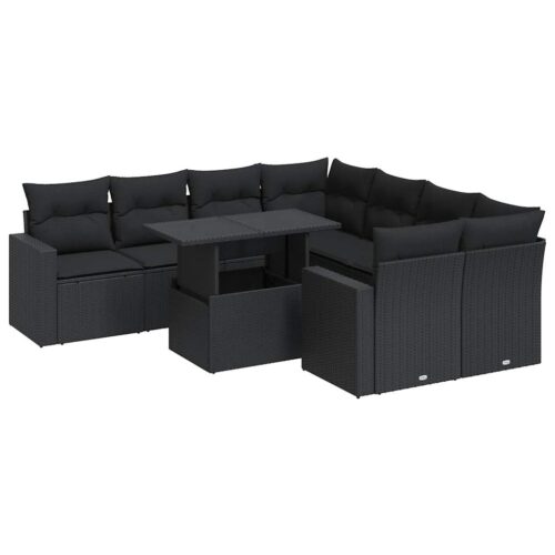 9-Piece Garden Sofa Set with Cushions Black Poly Rattan Wicker Outdoor Patio Furniture - Image 13