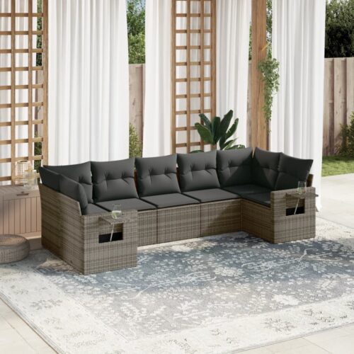 7-Piece Garden Sofa Set with Cushions Grey Poly Rattan Wicker Outdoor Patio Furniture - Image 2