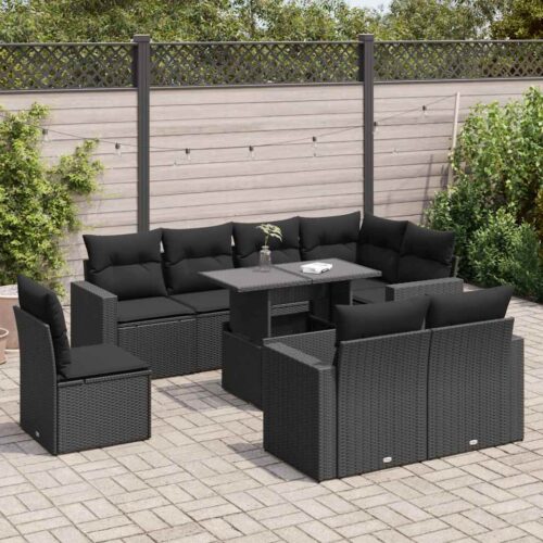 9-Piece Garden Sofa Set with Cushions Black Poly Rattan Wicker Outdoor Patio Furniture - Image 2