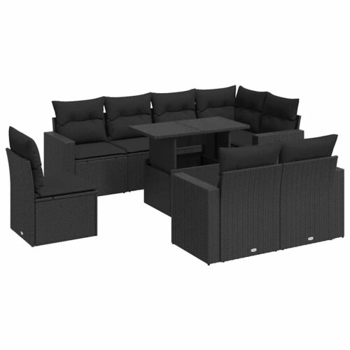 9-Piece Garden Sofa Set with Cushions Black Poly Rattan Wicker Outdoor Patio Furniture - Image 13