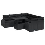 9-Piece Garden Sofa Set with Cushions Black Poly Rattan Wicker Outdoor Patio Furniture