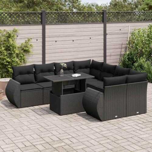 9-Piece Garden Sofa Set with Cushions Black Poly Rattan Wicker Outdoor Patio Furniture - Image 2