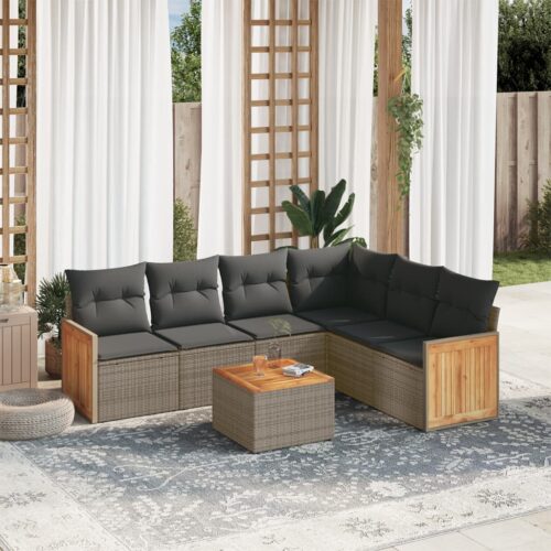 7-Piece Garden Sofa Set with Cushions Grey Poly Rattan Wicker Outdoor Patio Furniture - Image 2