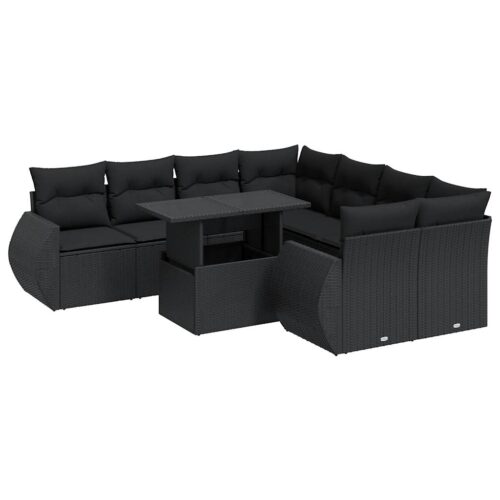9-Piece Garden Sofa Set with Cushions Black Poly Rattan Wicker Outdoor Patio Furniture - Image 13