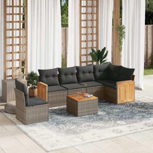 7-Piece Garden Sofa Set with Cushions Grey Poly Rattan Wicker Outdoor Patio Furniture - Image 2