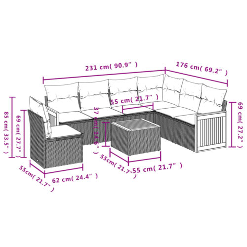 7-Piece Garden Sofa Set with Cushions Grey Poly Rattan Wicker Outdoor Patio Furniture - Image 3