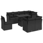 9-Piece Garden Sofa Set with Cushions Black Poly Rattan Wicker Outdoor Patio Furniture
