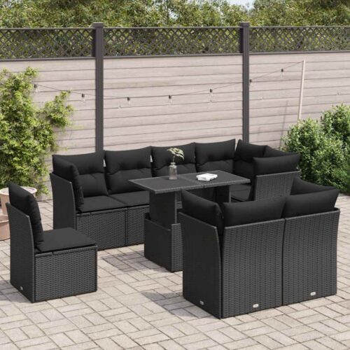 9-Piece Garden Sofa Set with Cushions Black Poly Rattan Wicker Outdoor Patio Furniture - Image 2