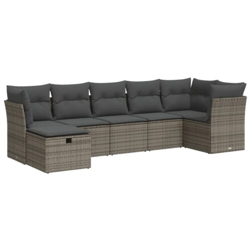 7-Piece Garden Sofa Set with Cushions Grey Poly Rattan Wicker Outdoor Patio Furniture