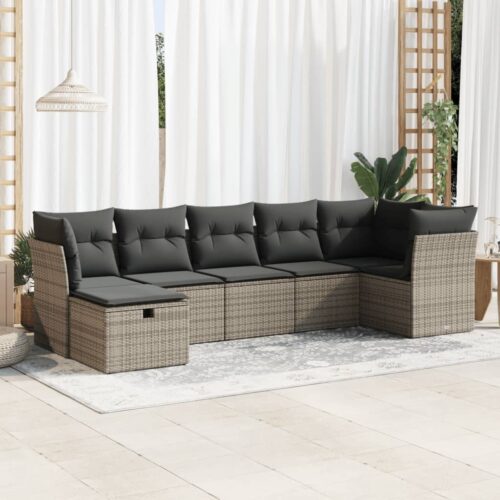 7-Piece Garden Sofa Set with Cushions Grey Poly Rattan Wicker Outdoor Patio Furniture - Image 2