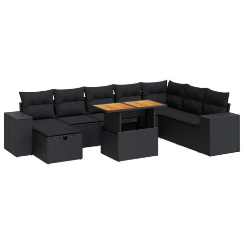 9-Piece Garden Sofa Set with Cushions Black Poly Rattan Wicker Outdoor Patio Furniture Acacia