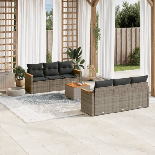 7-Piece Garden Sofa Set with Cushions Grey Poly Rattan Wicker Outdoor Patio Furniture - Image 2