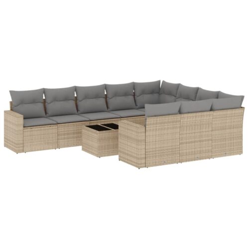 11-Piece Garden Sofa Set with Cushions Beige Poly Rattan Wicker Outdoor Patio Furniture