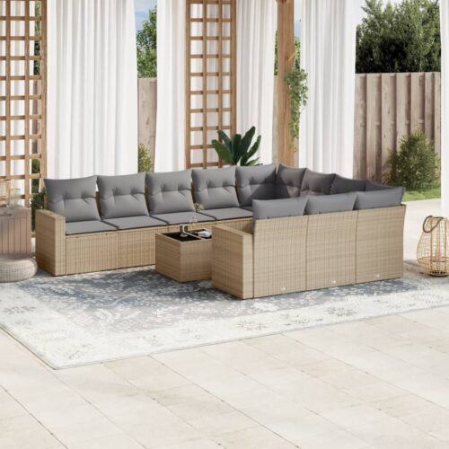 11-Piece Garden Sofa Set with Cushions Beige Poly Rattan Wicker Outdoor Patio Furniture - Image 2