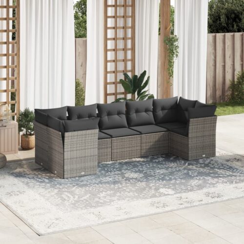 7-Piece Garden Sofa Set with Cushions Grey Poly Rattan Wicker Outdoor Patio Furniture - Image 2