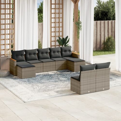9-Piece Garden Sofa Set with Cushions Grey Poly Rattan Wicker Outdoor Patio Furniture - Image 2