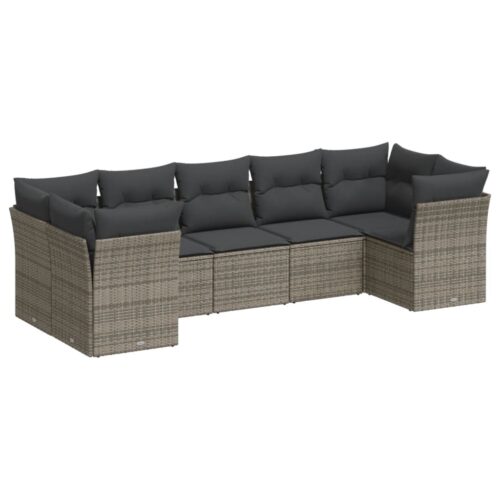 7-Piece Garden Sofa Set with Cushions Grey Poly Rattan Wicker Outdoor Patio Furniture - Image 5