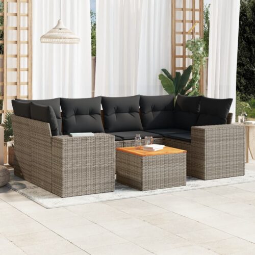 7-Piece Garden Sofa Set with Cushions Grey Poly Rattan Wicker Outdoor Patio Furniture - Image 2