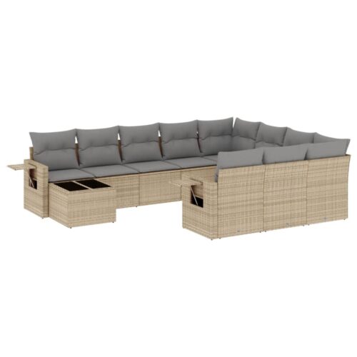 11-Piece Garden Sofa Set with Cushions Beige Poly Rattan Wicker Outdoor Patio Furniture