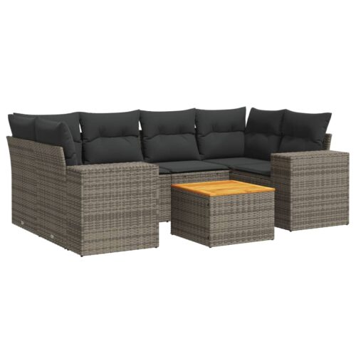 7-Piece Garden Sofa Set with Cushions Grey Poly Rattan Wicker Outdoor Patio Furniture - Image 5