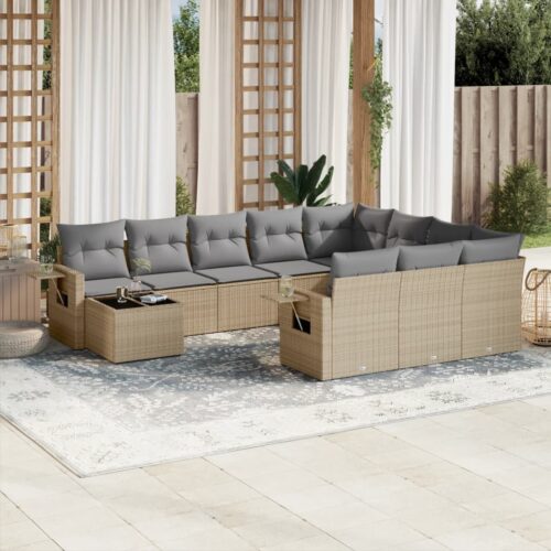 11-Piece Garden Sofa Set with Cushions Beige Poly Rattan Wicker Outdoor Patio Furniture - Image 2