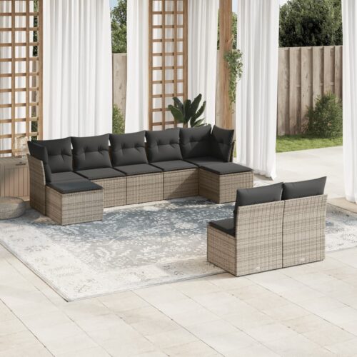 9-Piece Garden Sofa Set with Cushions Grey Poly Rattan Wicker Outdoor Patio Furniture - Image 2