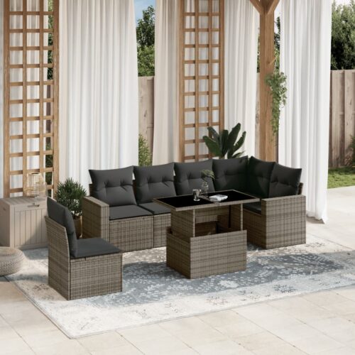 7-Piece Garden Sofa Set with Cushions Grey Poly Rattan Wicker Outdoor Patio Furniture - Image 2
