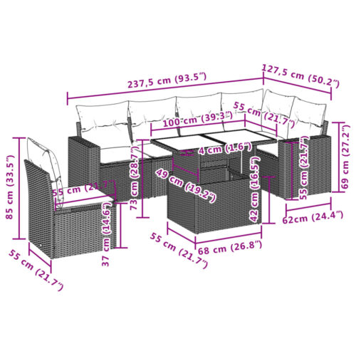 7-Piece Garden Sofa Set with Cushions Grey Poly Rattan Wicker Outdoor Patio Furniture - Image 9