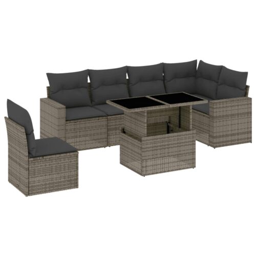 7-Piece Garden Sofa Set with Cushions Grey Poly Rattan Wicker Outdoor Patio Furniture - Image 13