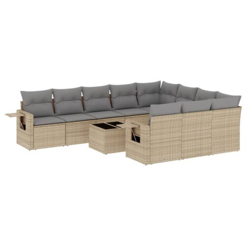 11-Piece Garden Sofa Set with Cushions Beige Poly Rattan Wicker Outdoor Patio Furniture