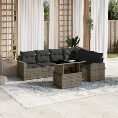 7-Piece Garden Sofa Set with Cushions Grey Poly Rattan Wicker Outdoor Patio Furniture - Image 2